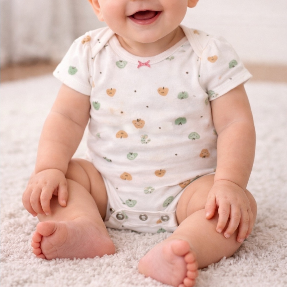 Carter’s blush pink apple worm print baby girl bodysuit size 6M